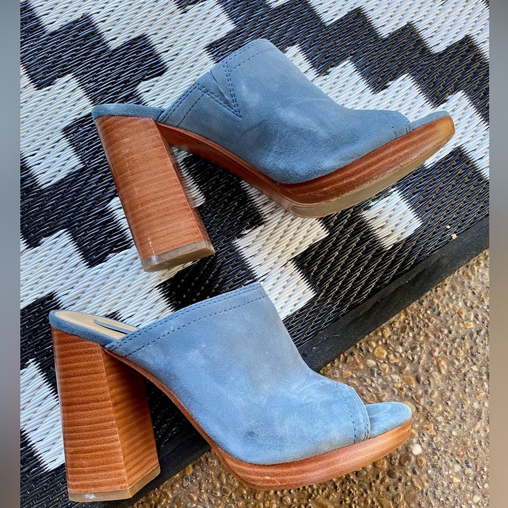 Frye Karissa Mule Open Toe Blue Suede Heels